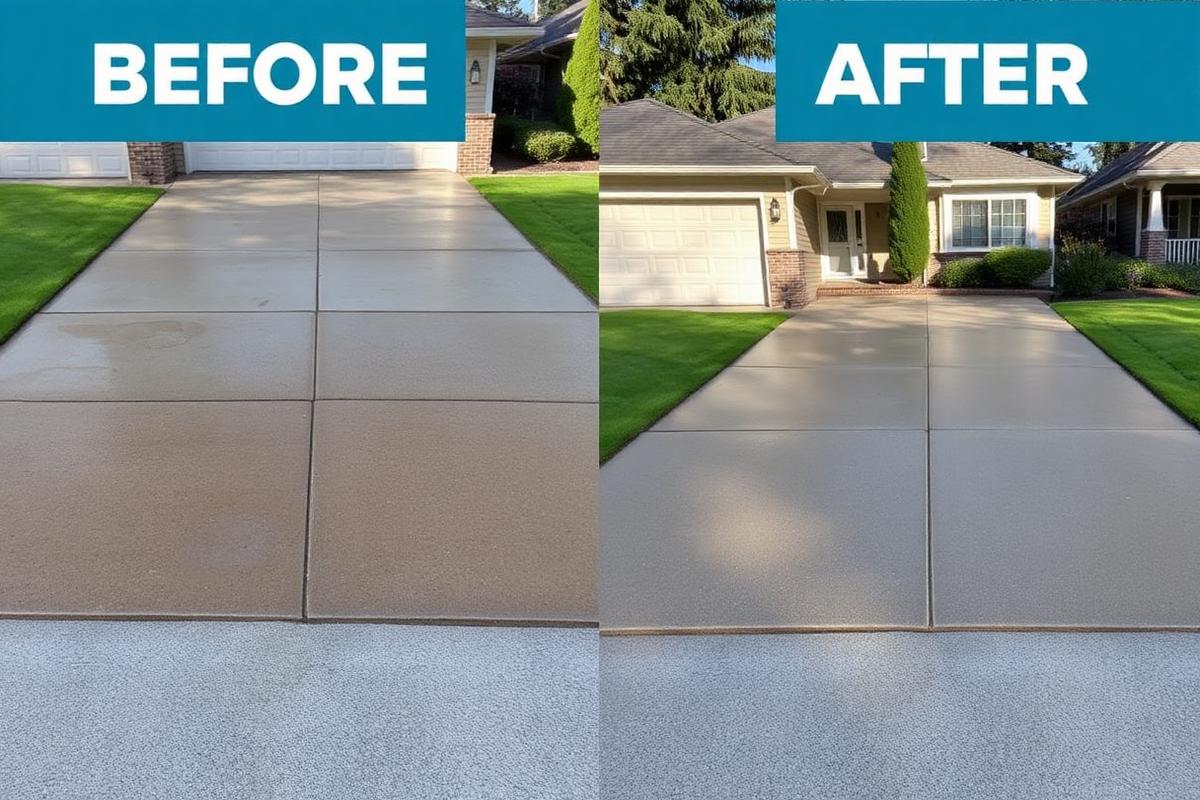 Before and after of a pressure washed concrete driveway